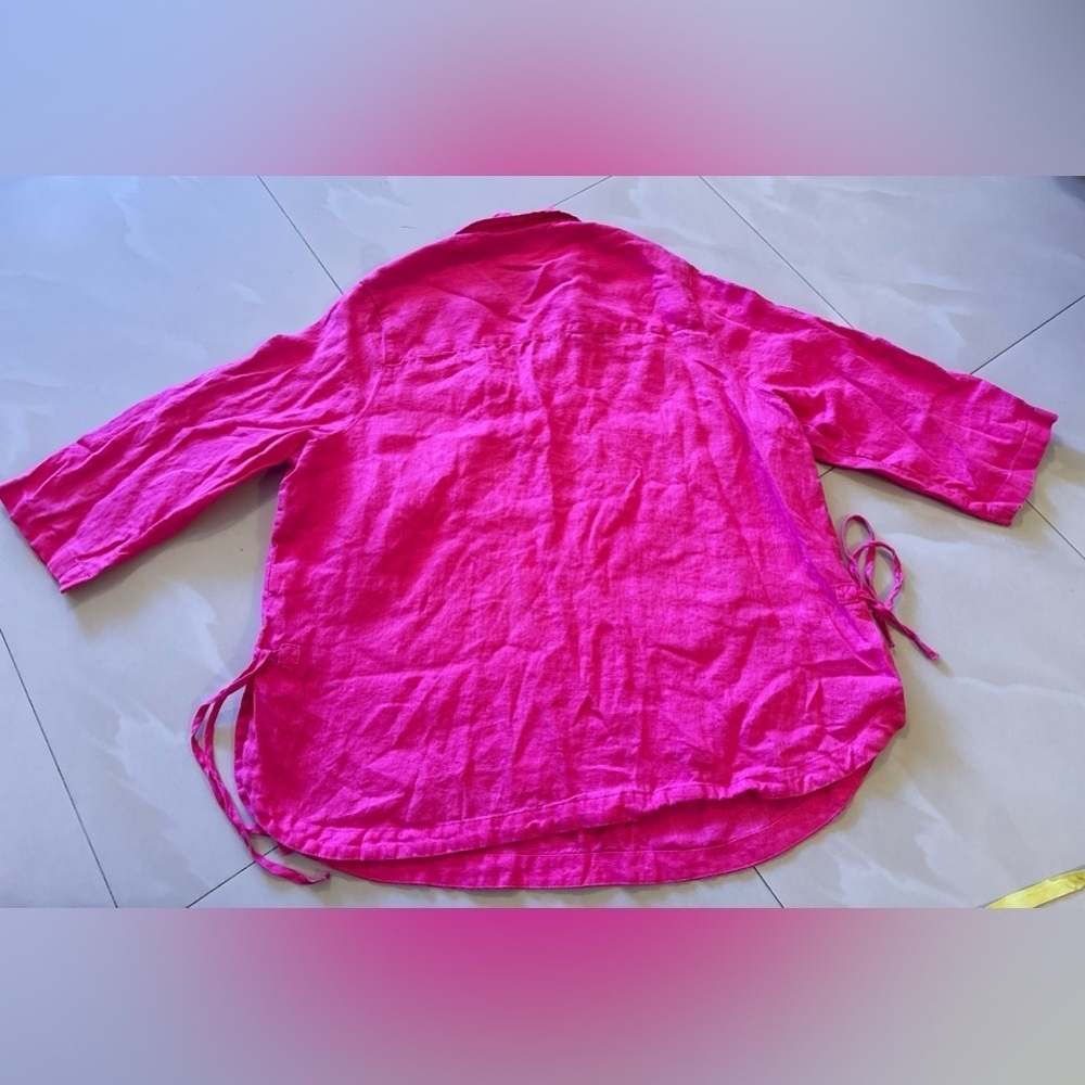 Linen! Ladies Isaac Mizrahi Pink Berry Linen Top-Size 1X tie - Picture 2 of 16